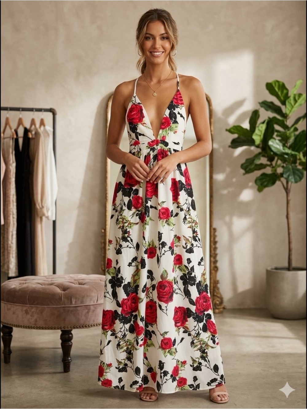 L'atiste Romantic Rose Print Maxi Dress White Red V-Neck Cross Back Coquette S